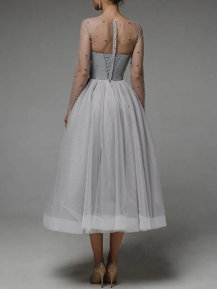 Evening Dresses O-Neck A-LINE Tea-Length Long Sleeved Lace of Formal Dress Women