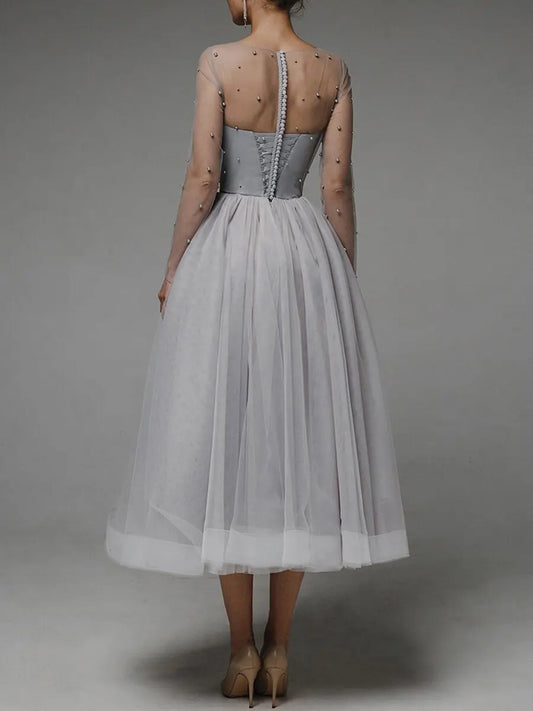 Evening Dresses O-Neck A-LINE Tea-Length Long Sleeved Lace of Formal Dress Women
