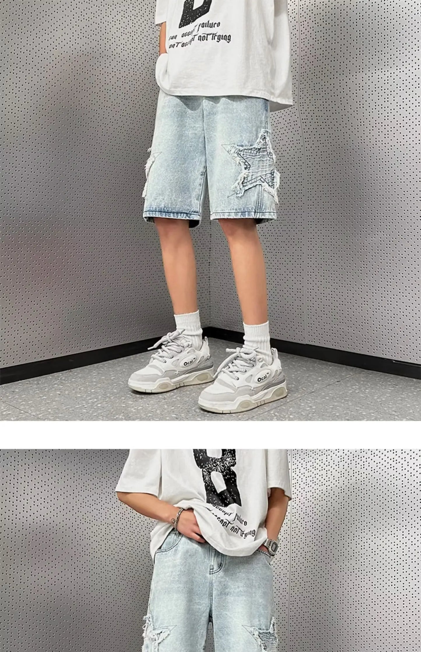 Star Patchwork Yellow Clay Color Jeans Summer Men Denim Shorts Trendy Streetwear Five-point Pants Straight Jeans Shorts