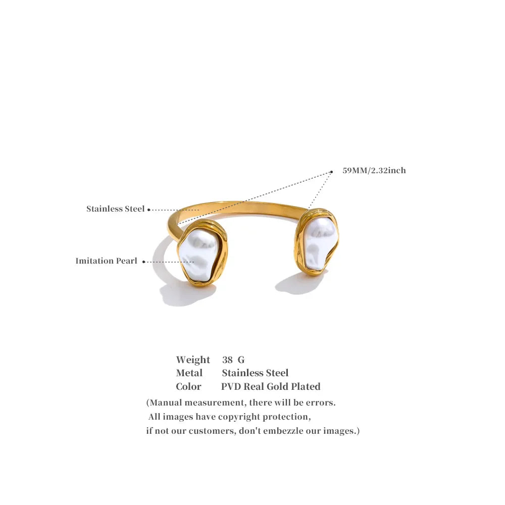 Yhpup 59mm Stainless Steel Baroque Simulated Pearls Cuff Bracelet Bangle Tarnish Resistant Gold Color Wrist Jewelry New