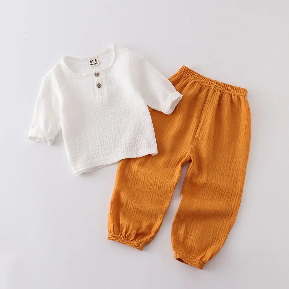 Children's Spring Summer Organic Cotton Set Boys Girls' Thin Solid Color Soft Muslin Clothes 0-6Years Soft T Shirt Wholesale
