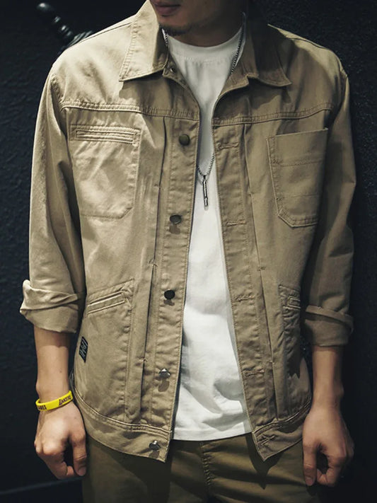 Vintage Cargo Denim Jacket Men's Washed Loose Casual Cotton Long Sleeve Jacket