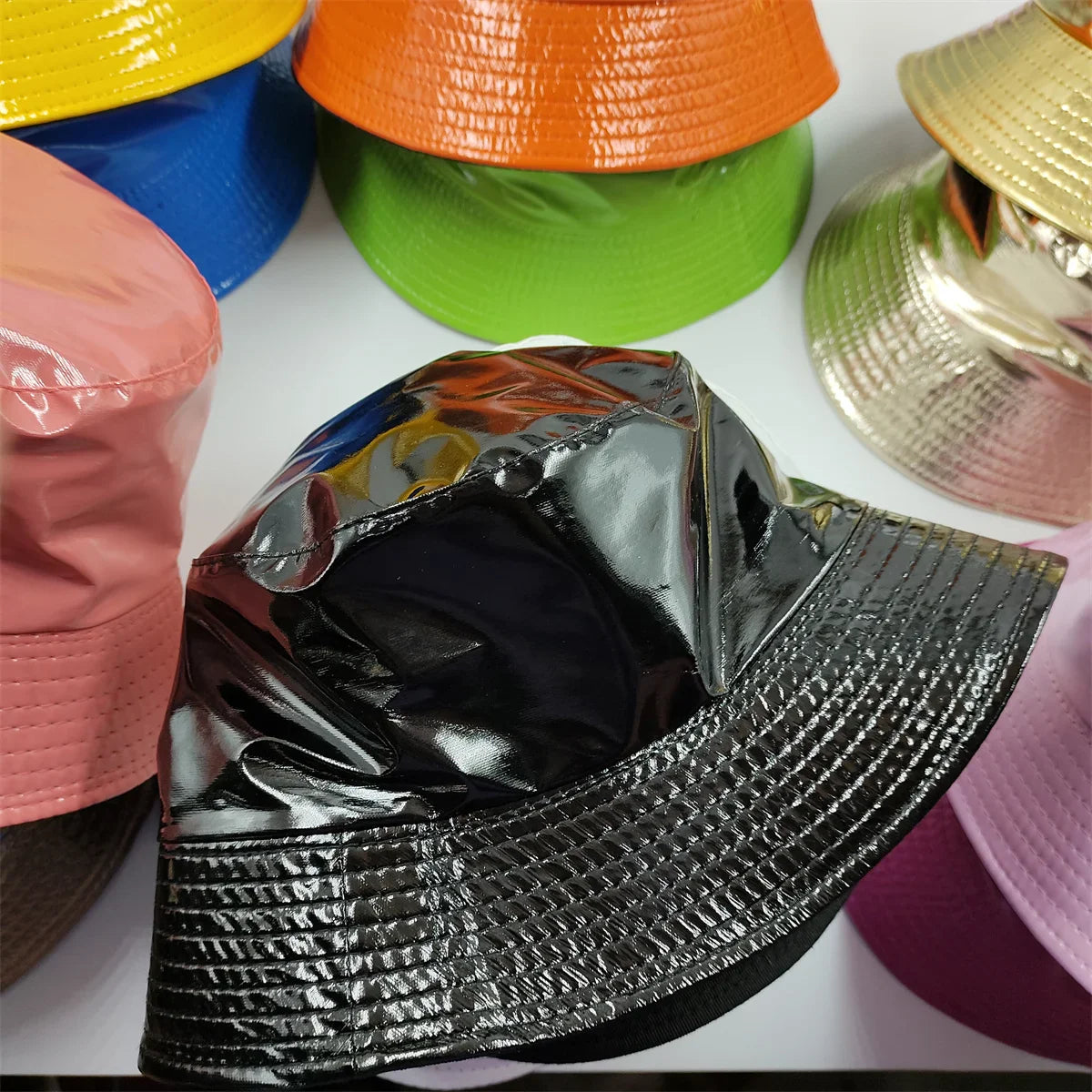 Colorful Shiny Leather Two Sided Fisherman Hat Women's and Men's Hip Hop Summer Sunshade Hat Foldable Bucket Hat