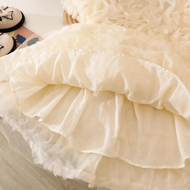 Summer Princess Dress for Girls with Short Sleeves Solid Color and Back Bowknot for Party Wedding Children Clothing E31117