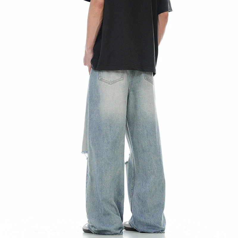 Men's Jeans Wear Male Vintage Denim Pants Adjustable Belt Straight Loose