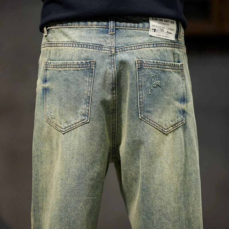 Ripped Jeans Men Loose Fit Retro Blue Baggy Jeans Distressed Hip Hop Denim Pants