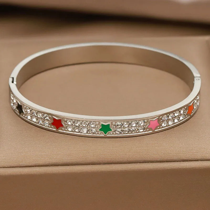 Classic Stainless Steel letter V Bangles for Women Luxury Zirconia Flower Star Bracelets Rust-proof Wrist Jewelry Gift Party