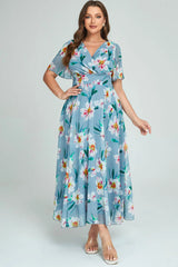 Plus Size Dress Summer Floral Print Chiffon Long Dress Women Blue Short Sleeve