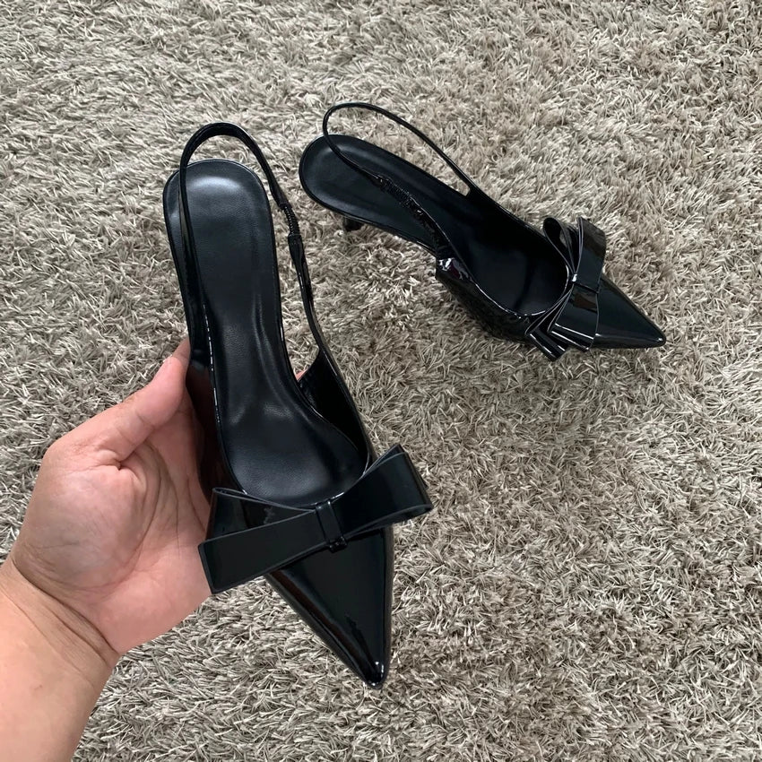 Women Black Bow High Heels Slingback Pointed toe Heeled for Women Pumps