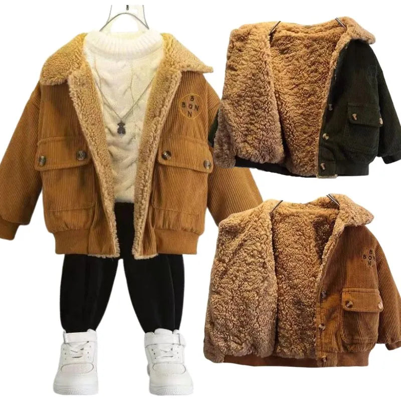 Corduroy Fur Coat For Boys Winter Jacket Lapel Plush Warm Outerwear