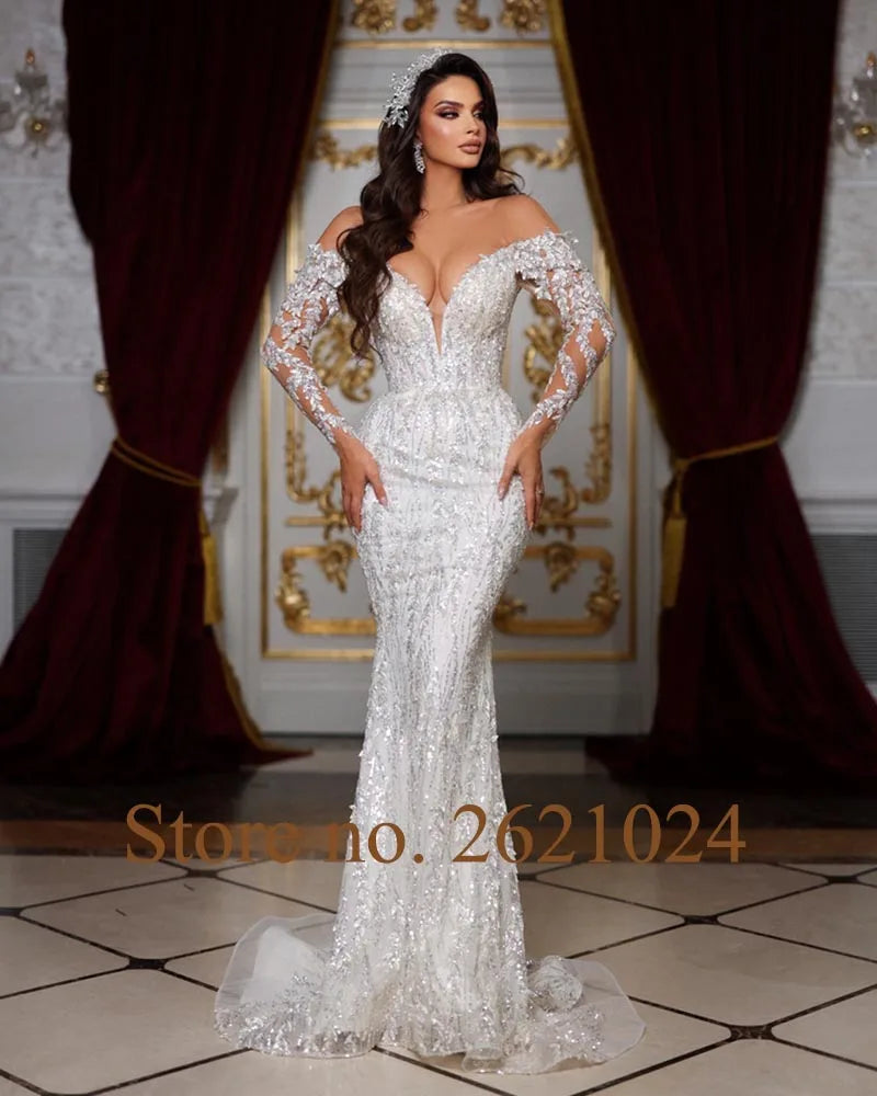 White Bridesmaid Dresses: Crystal Sequins Long Sleeve 2 pieces Mermaid Wedding Dress