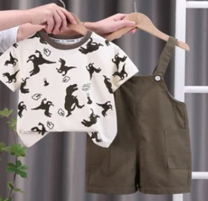 New Summer Baby Boys Clothing Toddler Fashion Infant Children Dinosaur Print Clothes Suits Solid T Shirt Overalls Pants 2Pcs/Set