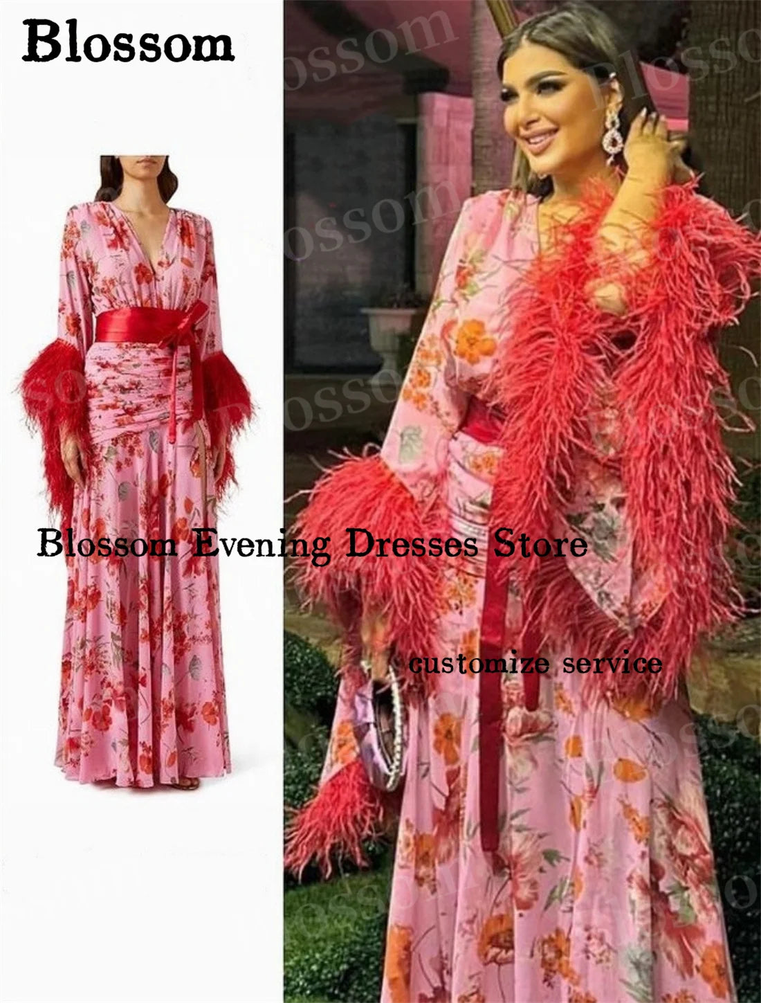 Homecoming Dresses: Flower Printing Prom Dresses Feathers Long Sleeves Party Gown