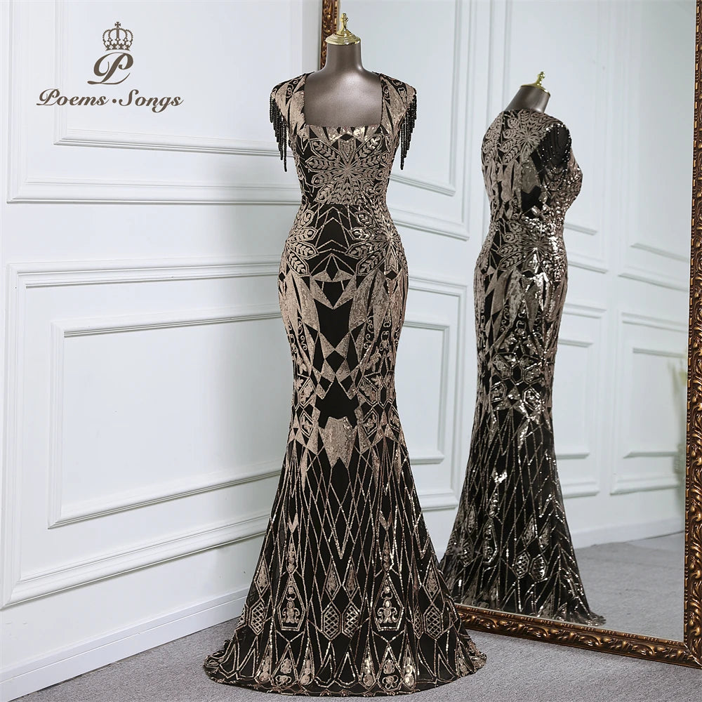 Homecoming Dresses: Long Party Dresses for wedding black and gold sequins Prom Dress