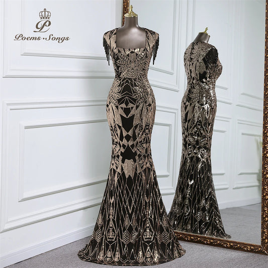 Homecoming Dresses: Long Party Dresses for wedding black and gold sequins Prom Dress