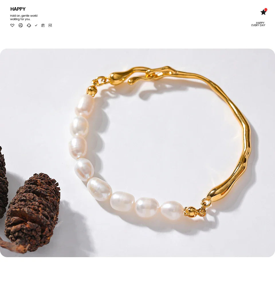Yhpup Luxury Natural Freshwater Pearls Stainless Steel 18k Gold Color Bracelet Bangle Temperament Fashion Jewelry Women New Gift