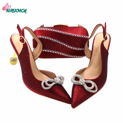 2022 High Quality Pointed Toe Ladies Sandal Shoes Matching Bag Set in Wine Color For Nigerian Women Wedding Party
