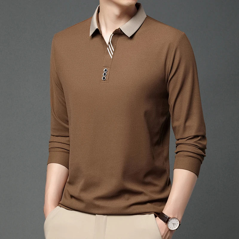 New Men's Business Casual Long Sleeved Shirt Solid Color Polo Shirt Fashionable Breathable Comfortable Versatile Top