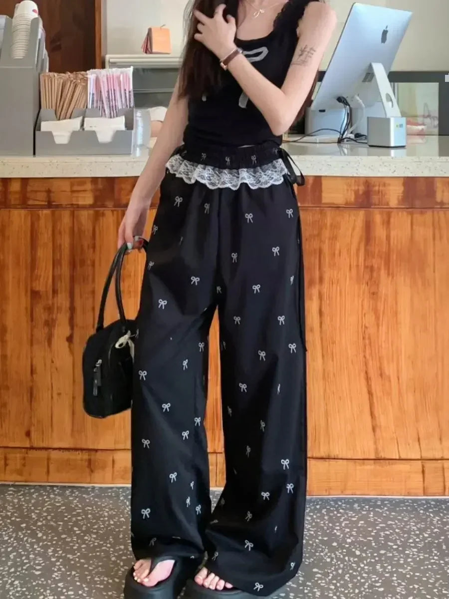 College Chic Cute Bow Knot Full Printed Pants White Lace Patchwork Sweet Ladies