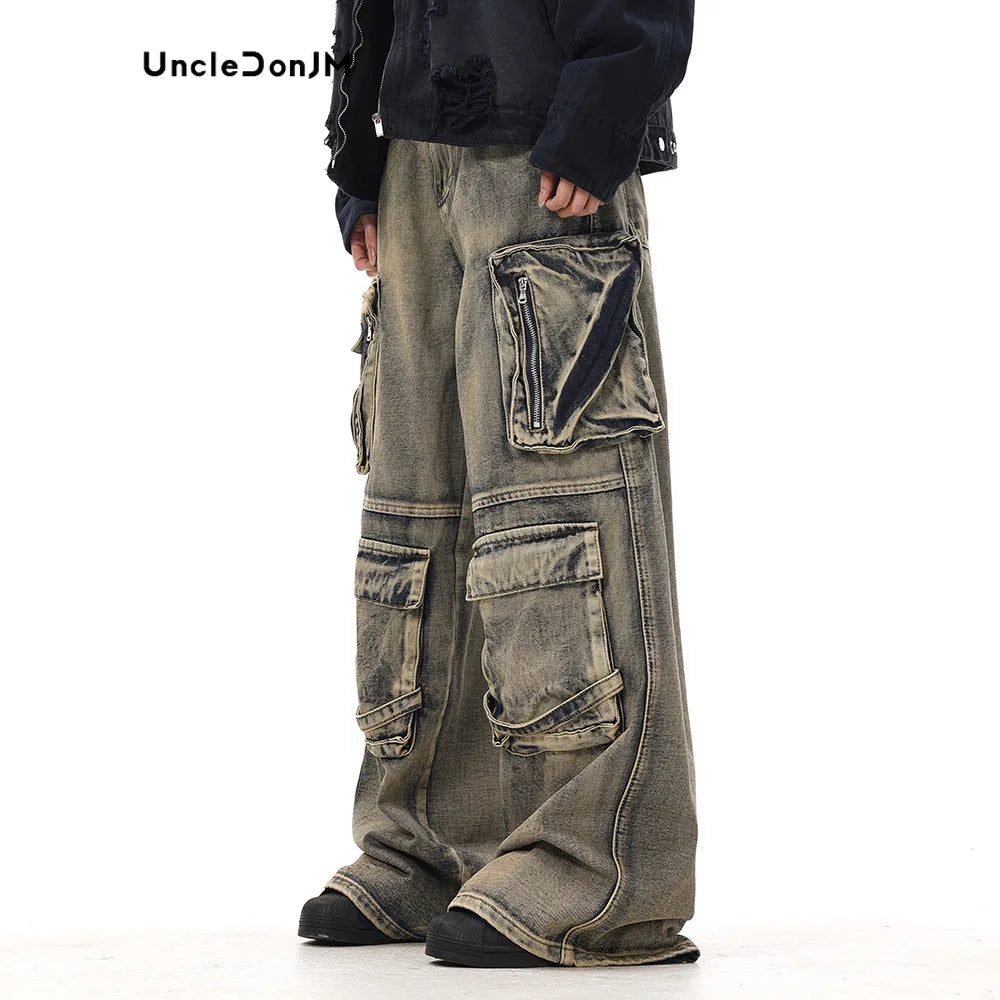 Wasteland Style Multi Pocket Denim Workwear Pants Men's Loose Straight Leg Pants