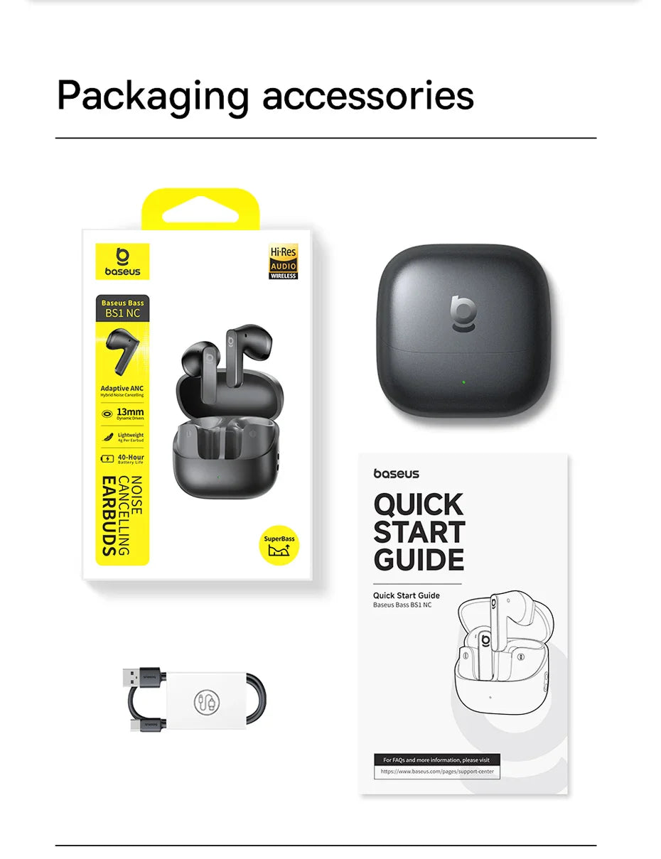 Baseus Bass BS1 NC -40dB Realtime Adaptive ANC Wireless Earbuds Bluetooth 6.0 Semi-Open Earphones LDAC Hi-Res Audio 6-Mic AI ENC