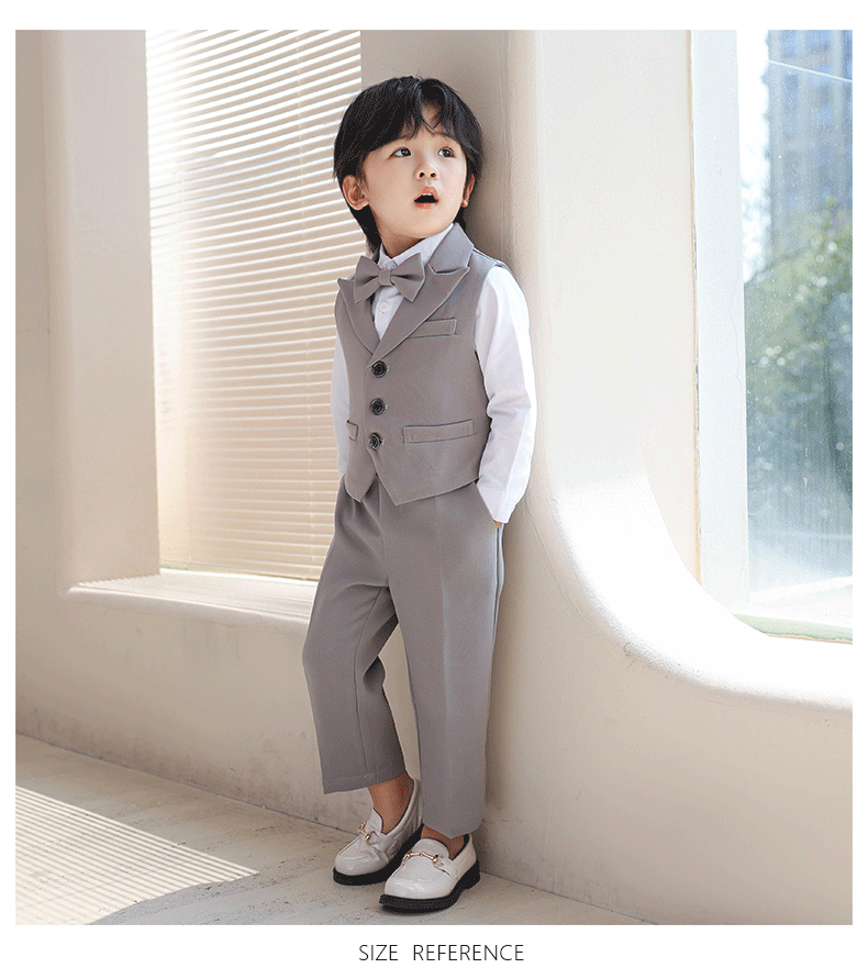 3Pcs Children Boys Black Blue Wedding Suit Teenager Kids Boy Piano Ceremony Tuxedo Suit Formal Vest Shirt Pants Bow Kid Boy Suit