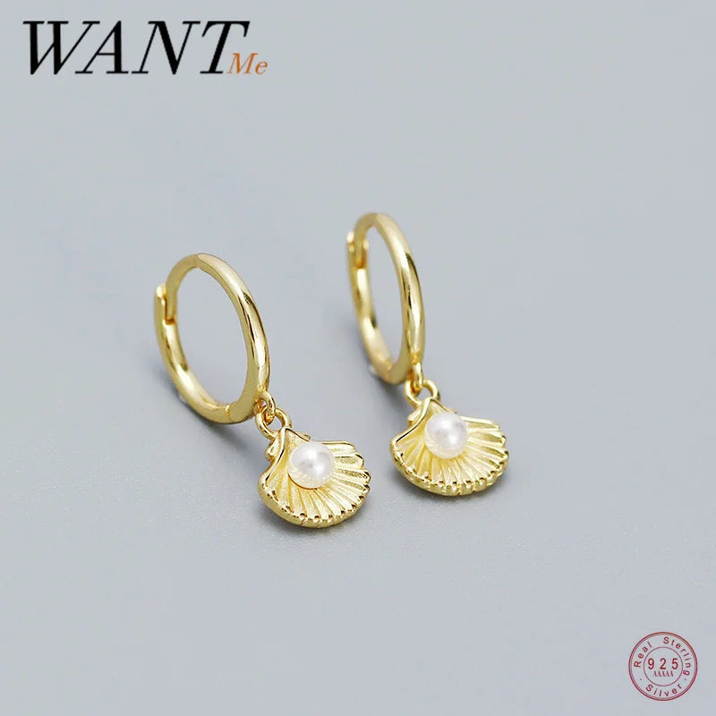 WANTME 925 Sterling Silver Romantic Sea Shell Pendant Synthetic Pearl Drop Earrings for Women Trendy Beach Bohemian Part Jewelry