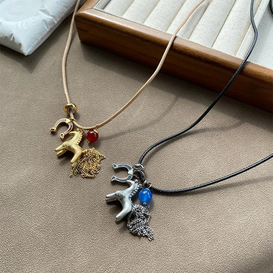 Minar Funny Metallic Cartoon Horse Multi Tassel Beads Pendant Necklaces for Women Female Adjustable Long Wax Rope Chain Chokers
