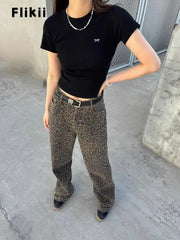 Women's Vintage Casual Leopard Print Pants Female High Street Retro High Waist Jeans