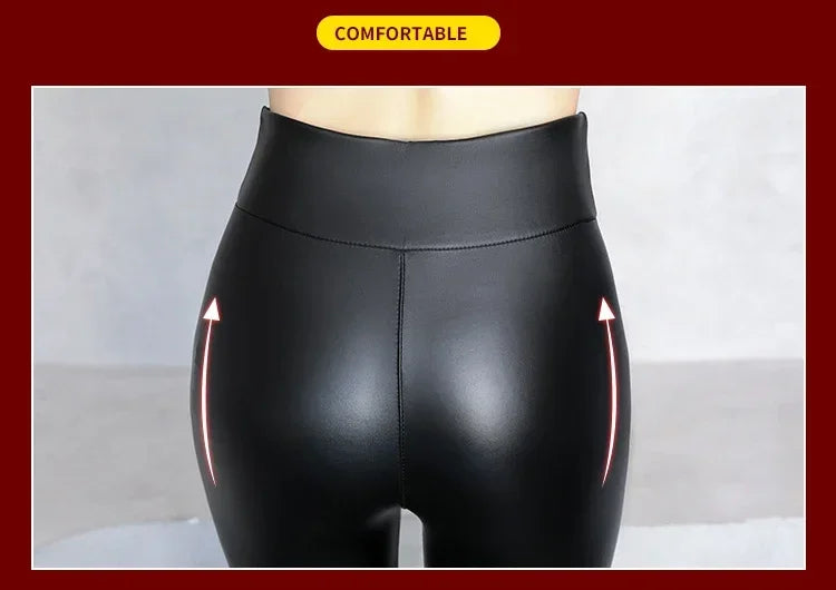 Women's Pants Velvet PU Leather Leggings Winter Ladies High Waist Fleece