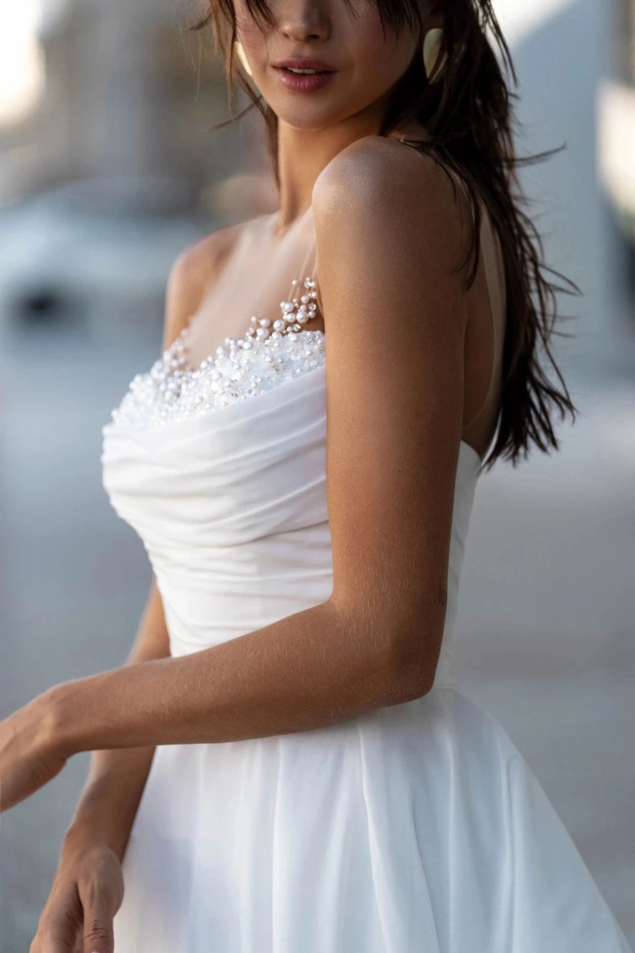 White Bridesmaid Dresses: Wedding Dresses Simple Pleat Robe Elegant Satin Off Shoulder