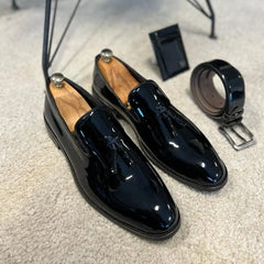 Black Loafers for Men Patent Leather Tassels Wedding Business Men's