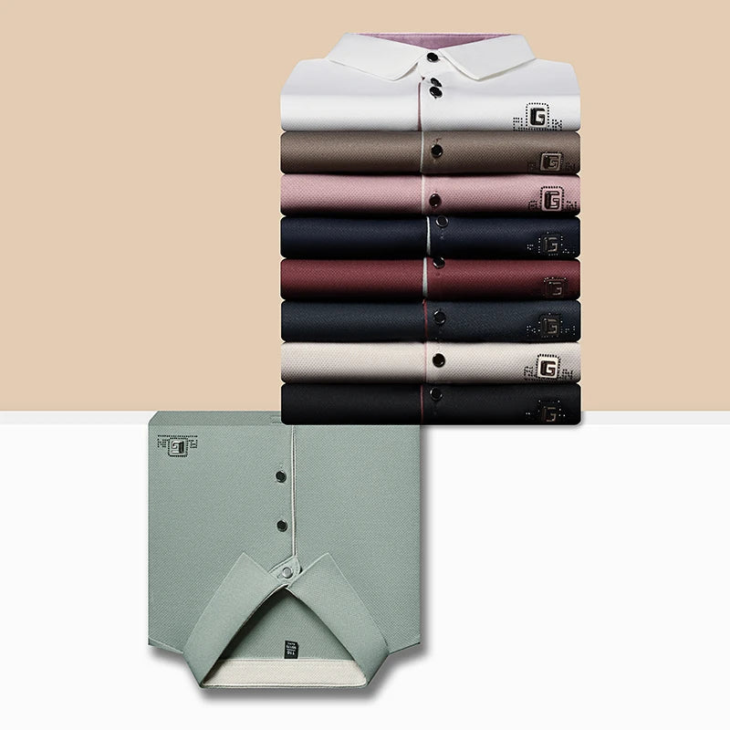 New Men's Business Casual Short Sleeved Shirt with Badge Solid Color Polo Shirt Fashionable Breathable Comfortable Versatile Top