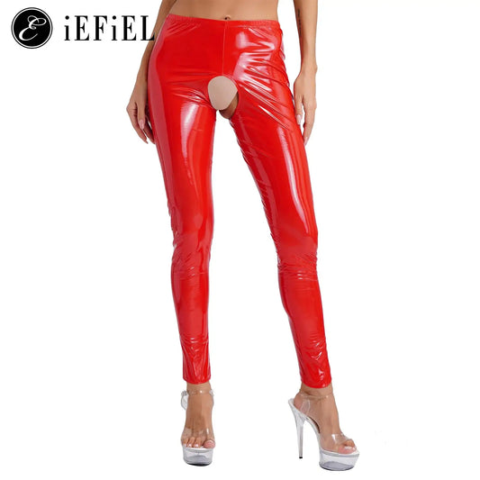 Womens Wet Look PVC Leather Open Crotch Butt Leggings High Waisted Crotchless