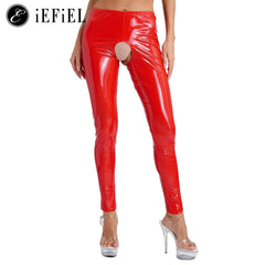 Womens Wet Look PVC Leather Open Crotch Butt Leggings High Waisted Crotchless