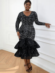 Black Sequin Formal Dresses for Women Long Sleeve Glitter Velvet Maxi Party Dress