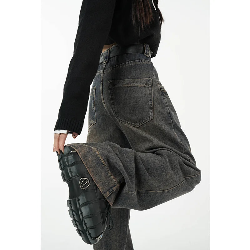 Winter Vintage Dark Blue High Waist Women Jeans American Fashion Streetwear