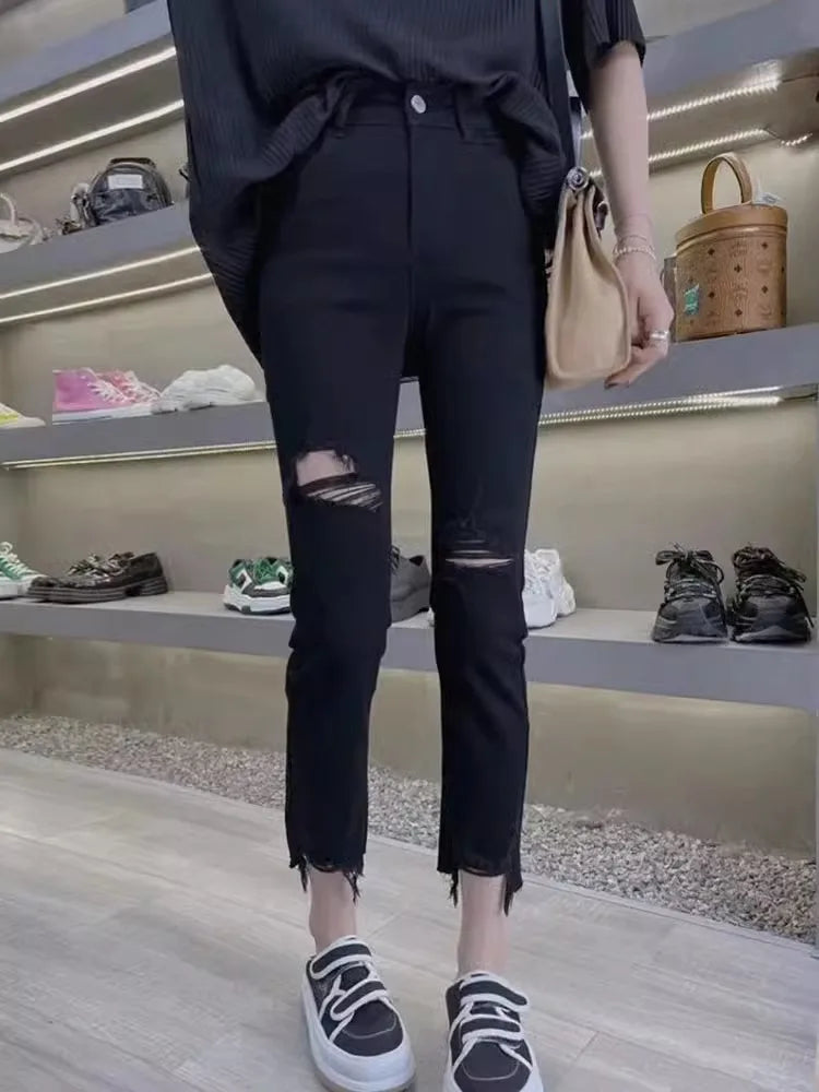 Women's Jeans Spring And Autumn Slimming Black Ripped Pants