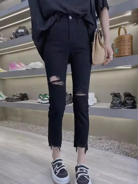 Women's Jeans Spring And Autumn Slimming Black Ripped Pants