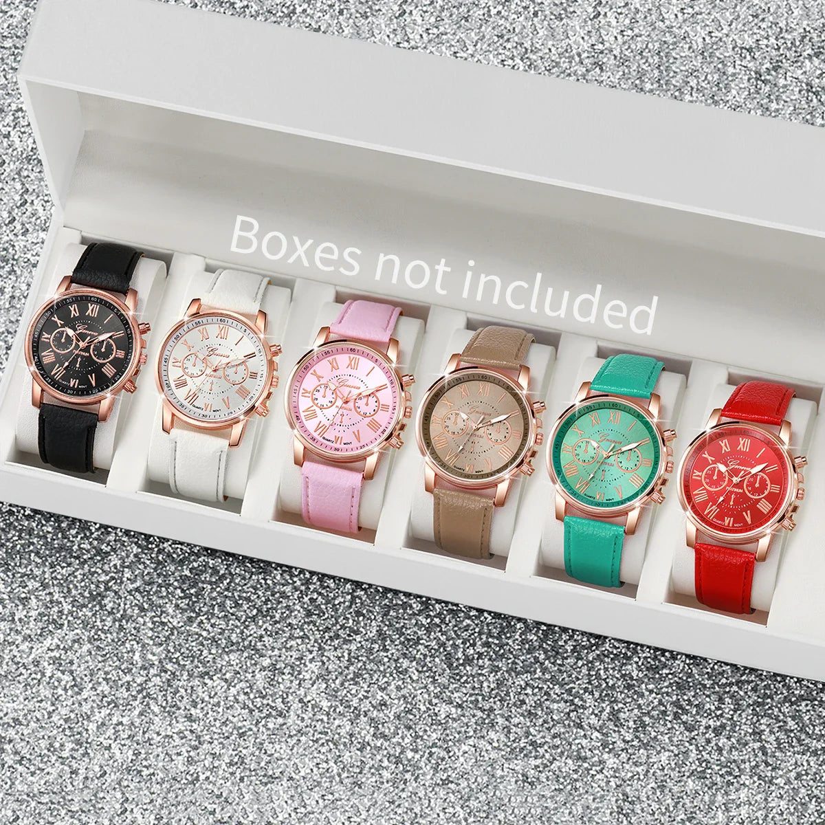 6PCS/Set Fashion Roma Dial Women's Quartz Watch Casual Leather Band Analog Wrist Watches（Without Box）