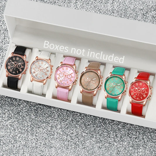6PCS/Set Fashion Roma Dial Women's Quartz Watch Casual Leather Band Analog Wrist Watches（Without Box）