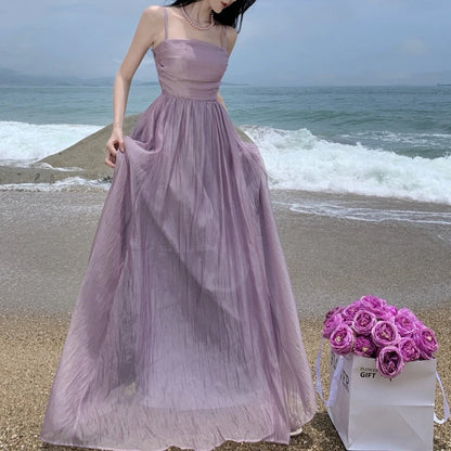 2024 Summer Purple Fairy Evening Party Long Dress Women Vintage Sexy Dresses Ladies Spaghetti Strap Tulle Pleated Dress Backless