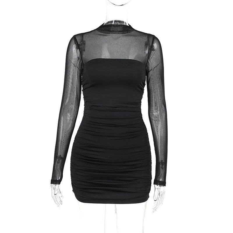 See Through Black Bodycon Dress For Women Clothing Slim Sexy Streetwear Long Sleeve Vestidos De Mujer Patchwork Fashion Outfits
