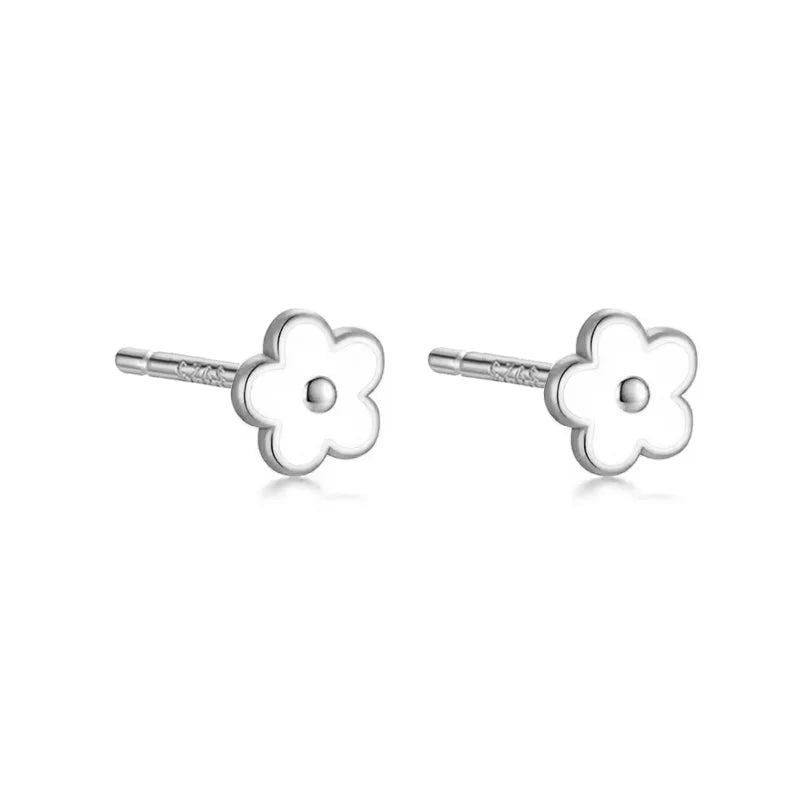 WANTME 925 Sterling Silver Romantic White Enamel Flower Screw Bead Stud Earrings for Women Fashion Simple Piercing Jewelry Gift