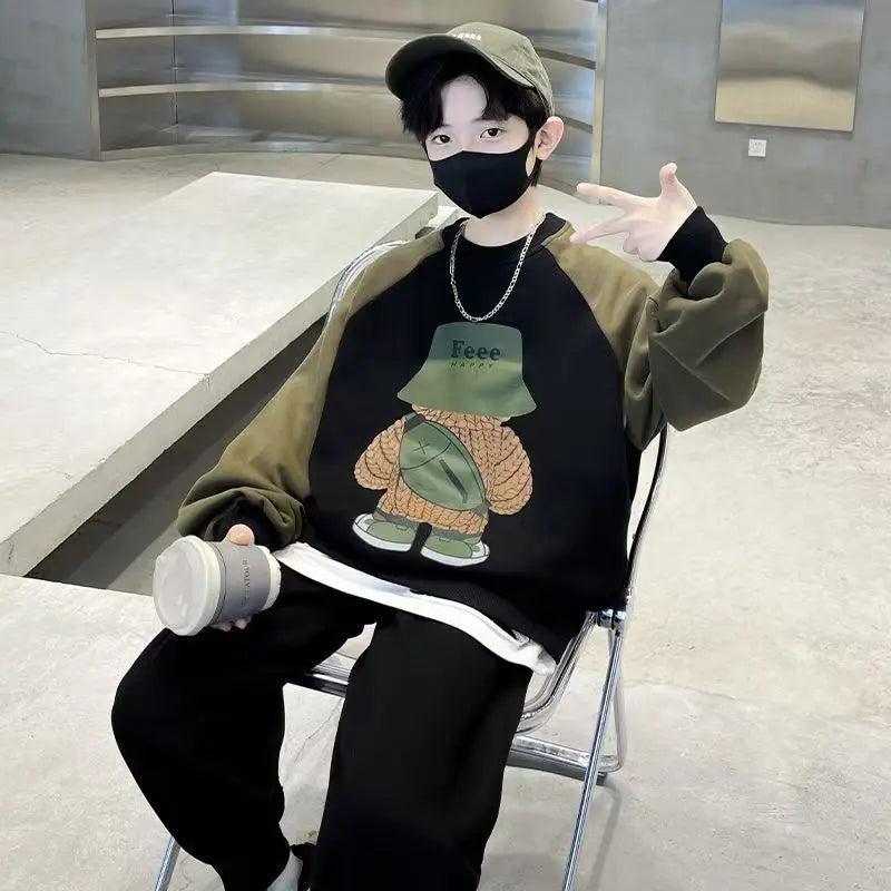 Spring Autumn Boys Patchwork Cartoon Sweatshirt+Sweatpant Workout Set School Kids 2PCS Tracksuit Children Jogging Outfit 5-16 Yr