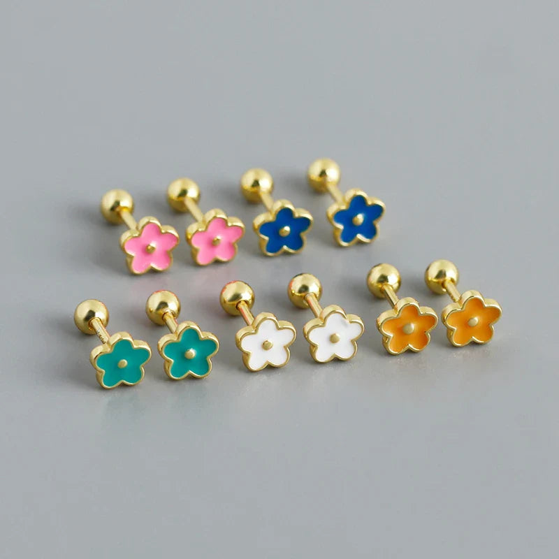 WANTME 925 Sterling Silver Romantic White Enamel Flower Screw Bead Stud Earrings for Women Fashion Simple Piercing Jewelry Gift