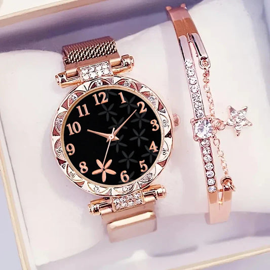 2PCS Fashion Women's Watches Set Magnet Buckle Mesh Strap Analog Quartz Watch Star Bracelet Set Reloj Mujer