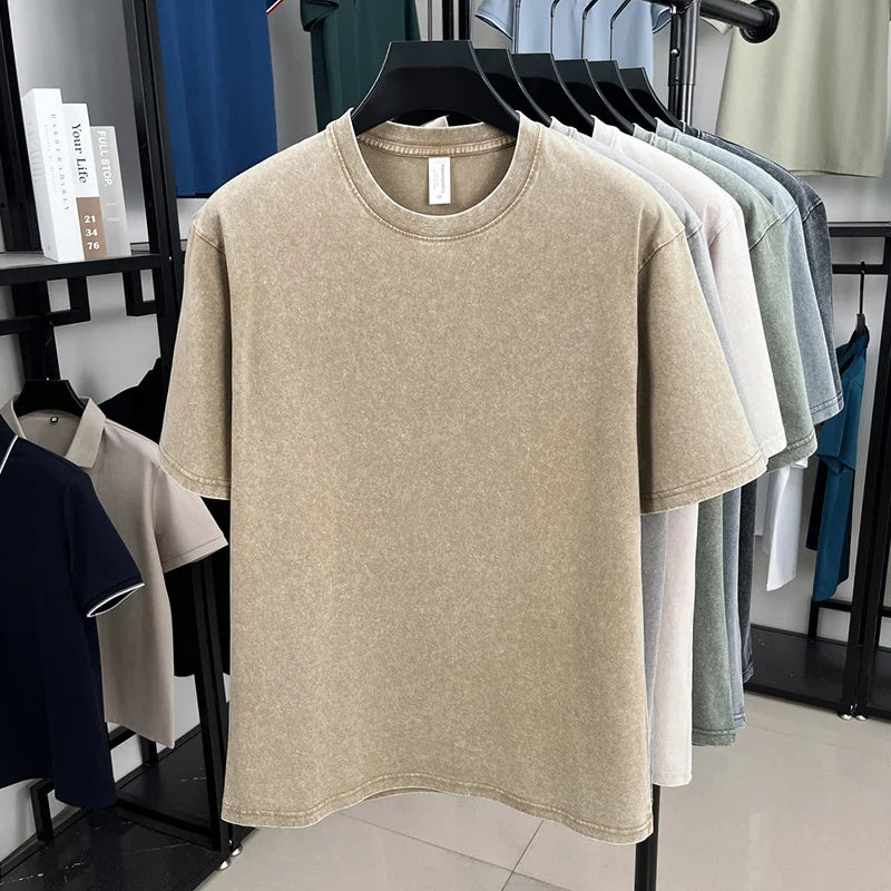 American Style Retro Heavyweight Solid Color Short Sleeved T-shirt Men Women Summer Street Trendy Washed Old Oversized Clothes