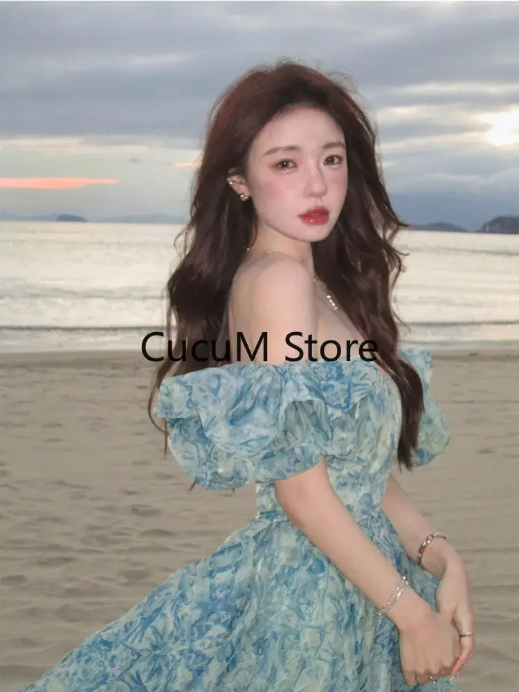 Evening wear Dresses: Short Puff Sleeve Khaki  Print Organza Women Dress