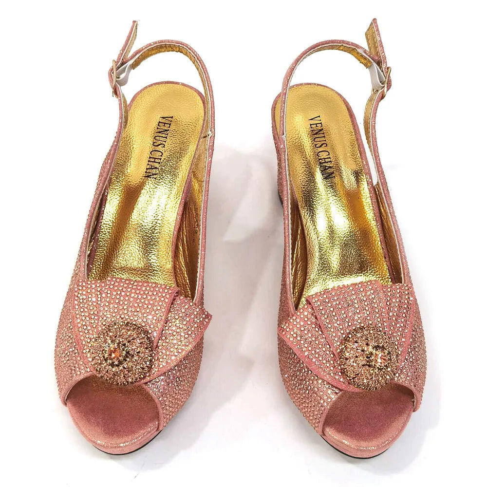 Venus Chan Latest Ladies Thin Heels Shoes and Bag Set Decorated with Rhinestones in Peach Color For Women Party Pump